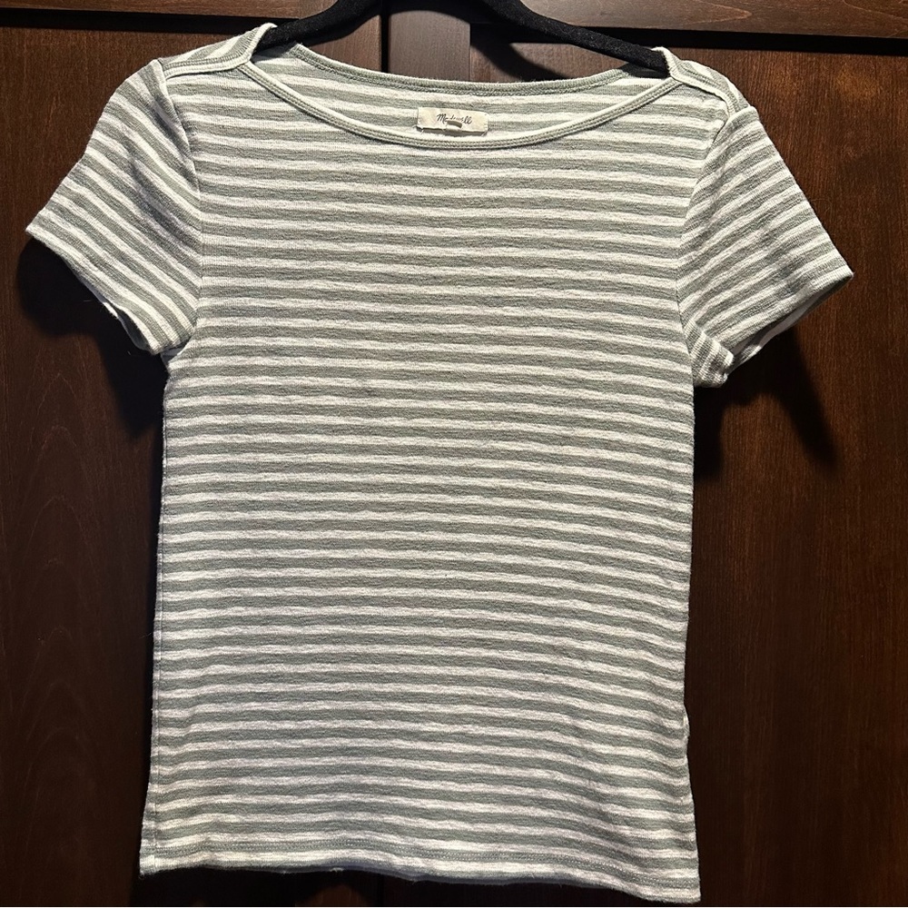 Madewell Sage Green & Cream Striped Cotton T-shirt Size Small